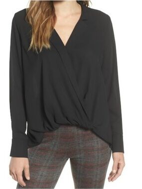 Gibson Nordstrom Surplice Drape Front Blouse Black long sleeves high low M